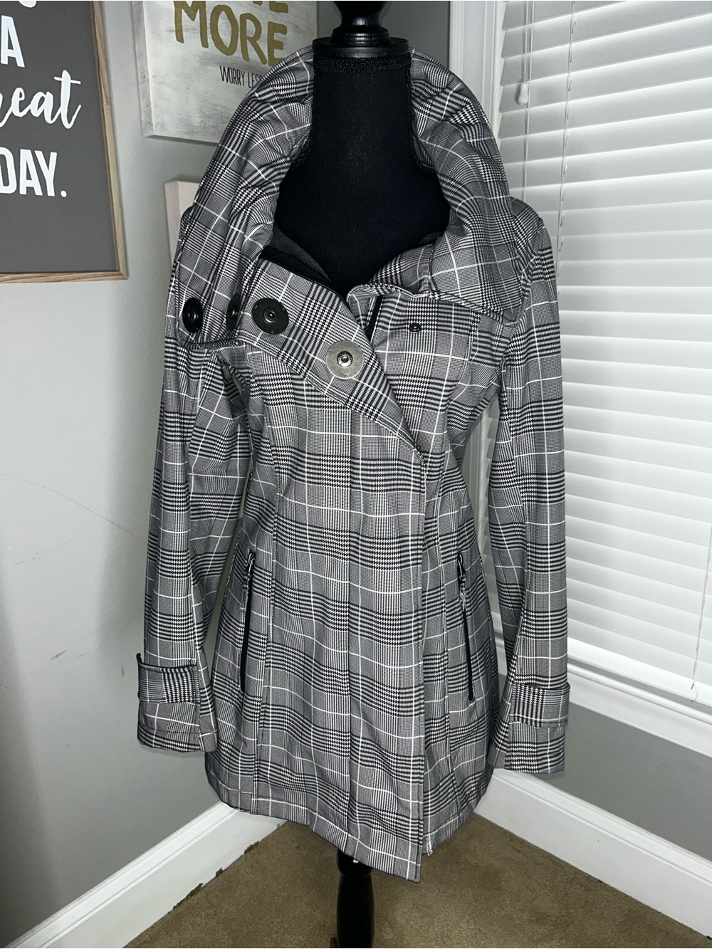 Free Country Gray Plaid Funnel Collar Trench Coat Size Small